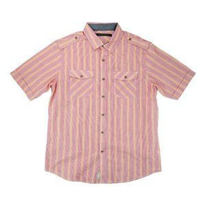 Sean John Mens Short Sleeve Shirt Pink‎ Orange Striped Button Front Size XL